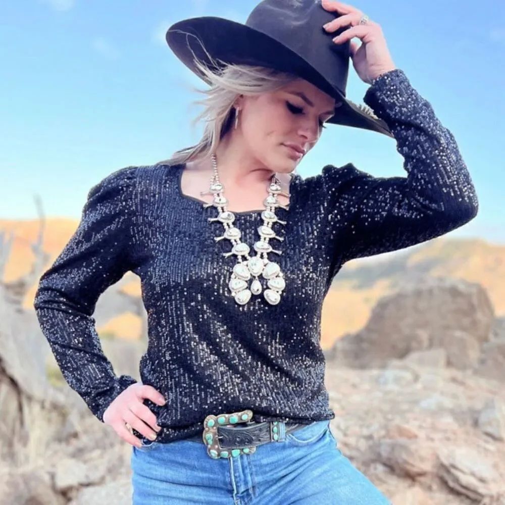 Western Bubble Bling Babe Sparkle Sequin Long Sleeve Black Top New - Picture 2 of 10